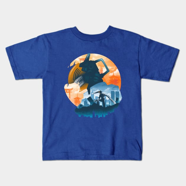 Ukiyo e Chainsaw Cityscape Kids T-Shirt by rioaditama